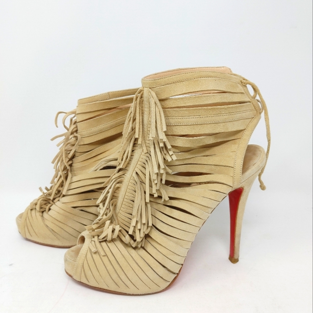 Christian Louboutin Deva Suede Fringe Tie Up Booties Size 36